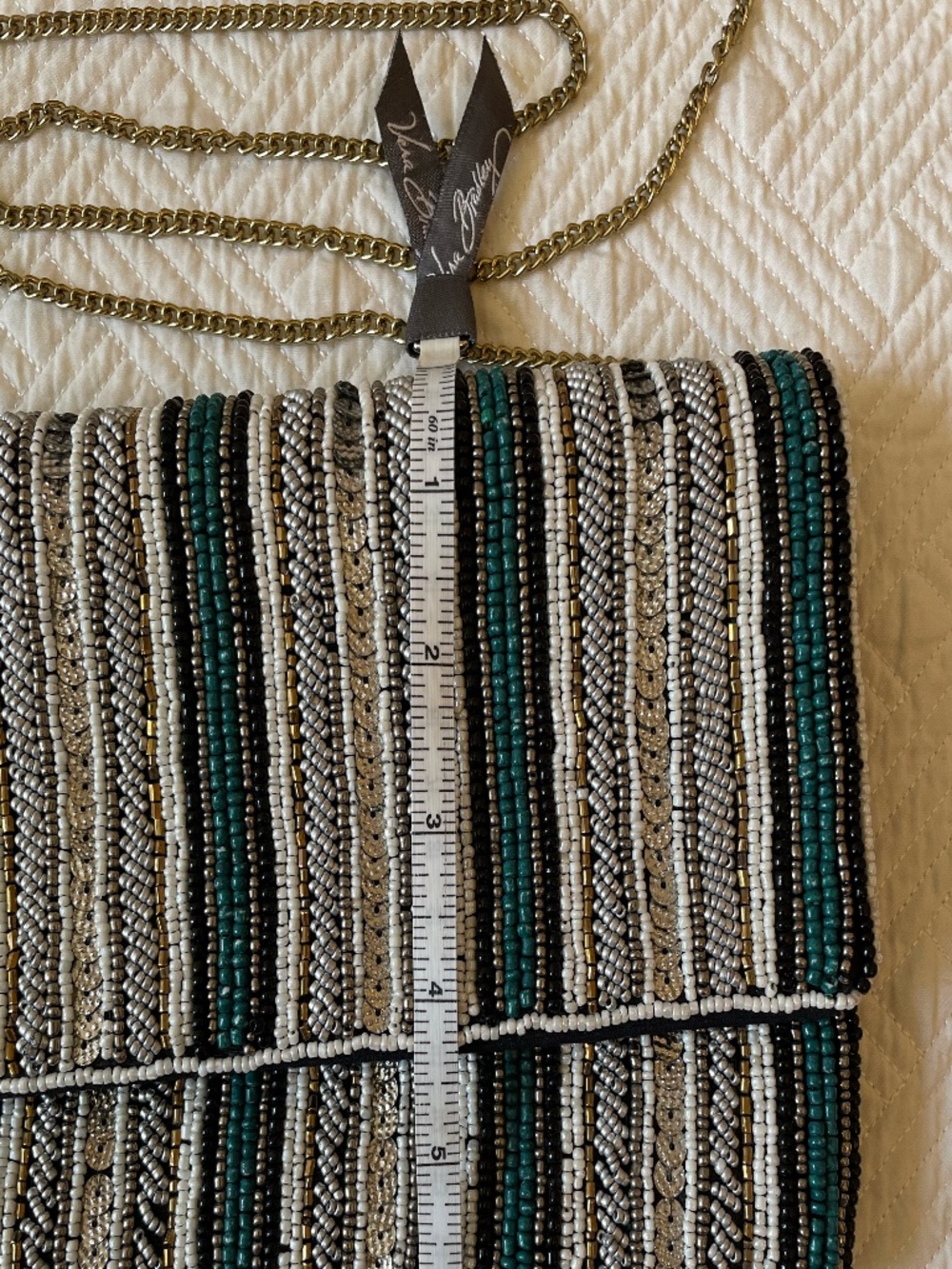Beaded teal/silver/gold stripped clutch crossbody with optional gold chain strap - Picture 11 of 12
